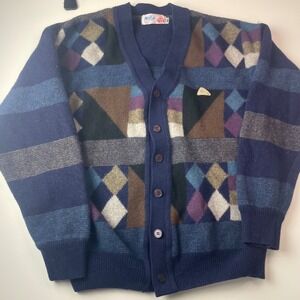 Vintage Monte Carlo Collection Lambswool Cardigan Sweater Navy Geometric  40